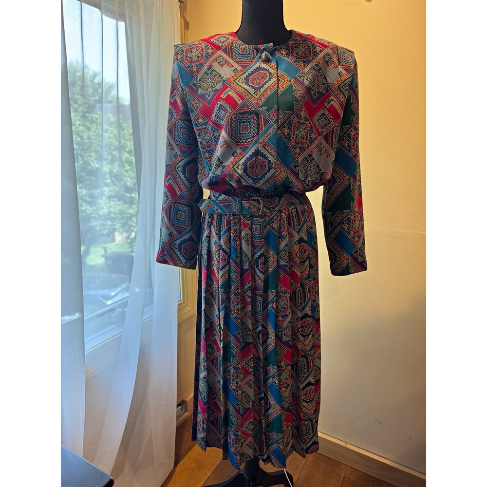 Vintage Leslie Fay Geometric A-Line Midi Dress Long Sleeve Belted Buckle Sz 8